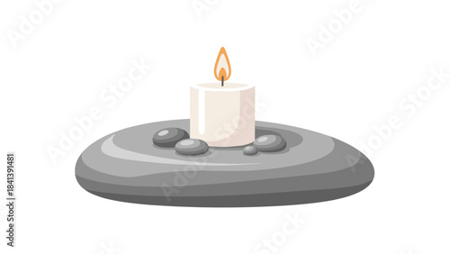 A serene illustration of a lit white candle on a flat stone plate with pebbles around it on a
