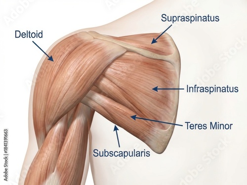 This educational 3d medical diagram clearly labels the human shoulder's rotator cuff muscles, including the deltoid and infraspinatus, presented scientifically on a white background.