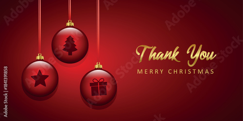 thank you christmas greeting card with shiny tree balls decoration vector illustration