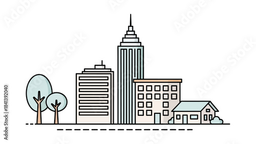 Modern Cityscape With Tall Buildings and Trees Representing Urban Development and Growth