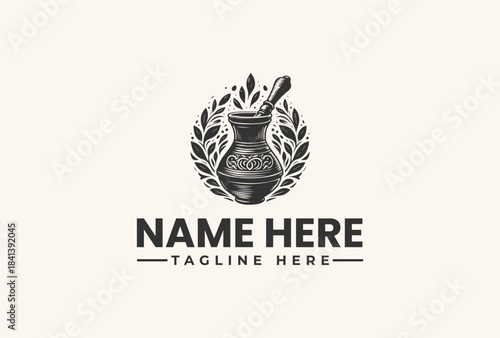 Black and white vector illustration of a mortar and pestle surrounded by leaves with a placeholder name and tagline on a plain background.