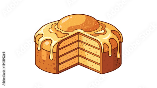 A cartoon illustration of a layered cake with icing on top and a slice cut out of it