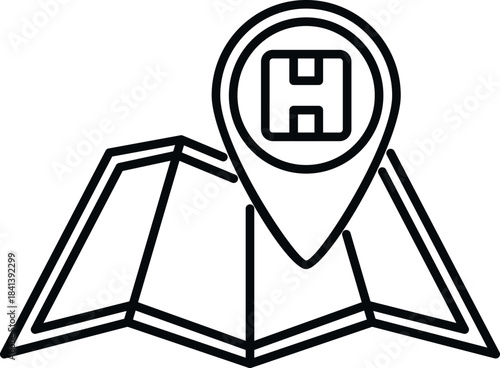 Map with location pin icon containing a package delivered to home address