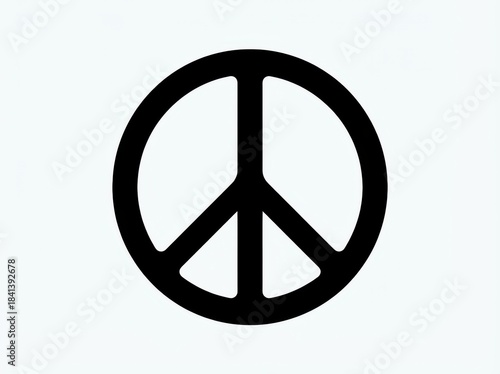 A bold, black circular peace symbol is isolated on a clean white background, creating a stark, high-contrast minimalist graphic representing global harmony.