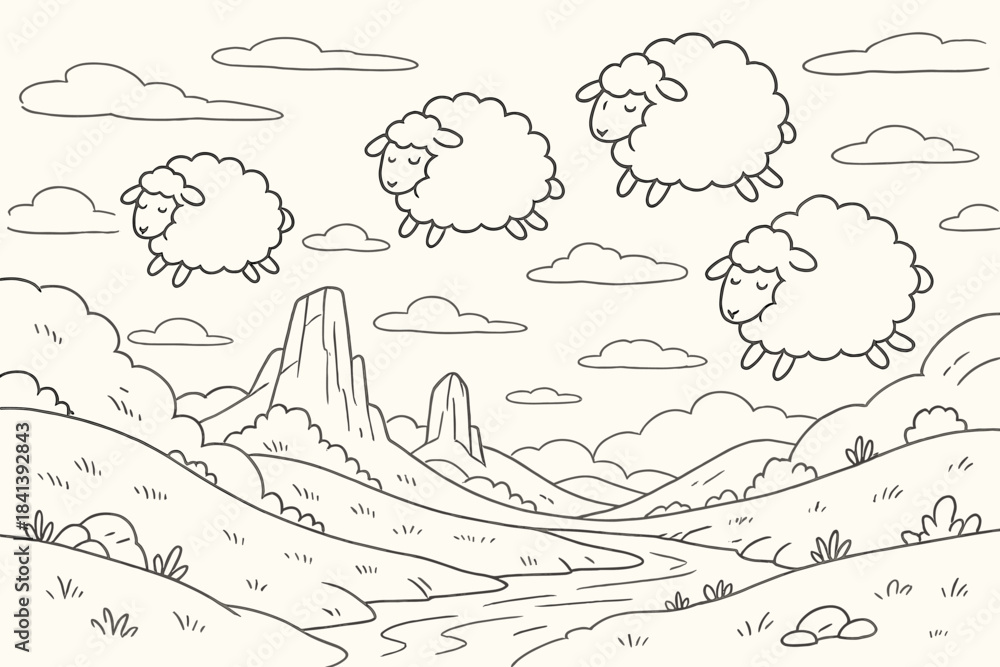 Naklejka premium Sheep Wool Clouds. Fantasy landscape where sheep wool clouds drift across pastel sky, first in line style with thin outline,