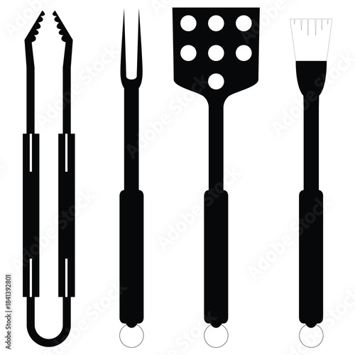 Black and white vector silhouettes of kitchen knives set with steel handles and isolated objects
