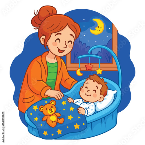 Cartoon Mom Tucking Baby into Crib – Bedtime Parenting Vector for Childcare and Night Routine Designs