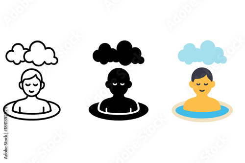 Hot Spring Serenity. Person soaking in hot spring with mist forming soft cloud shapes above water, first in line style with thin