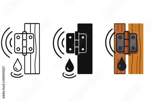 Fence Gate Hinge Styles. Old fence gate hinge with small oil drop nearby and subtle sound waves, first in line style with thin