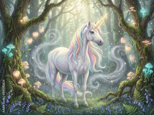 A majestic white unicorn with a pastel mane stands regally among glowing mushrooms and swirling ethereal mist in a lush, sunlit fantasy forest, created using detailed digital art.