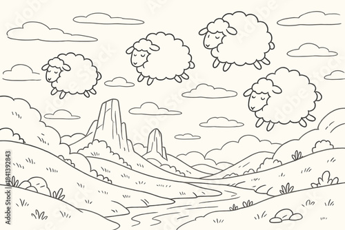 Sheep Wool Clouds. Fantasy landscape where sheep wool clouds drift across pastel sky, first in line style with thin outline,