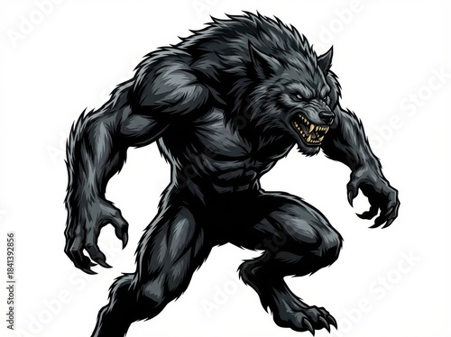 A dark and menacing werewolf, depicted in a detailed digital illustration, lunges aggressively with a muscular body and bared fangs, isolated on a clean white background.