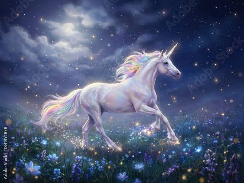 An ethereal digital painting depicts a majestic white unicorn galloping with a vibrant rainbow mane across a dark blue meadow illuminated by the starry night sky.