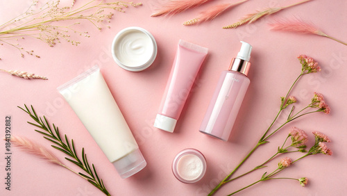 Soft pastel beauty flat lay on pink background