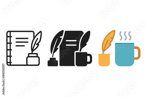 Notebook, Quill, Mug. A notebook, a quill, a steaming mug, first in line style with thin outline, second in solid style filled