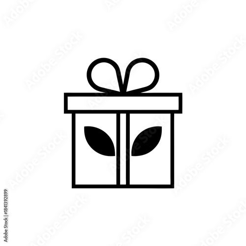 Gift box with leaves and bow line drawing on transparent background silhouette