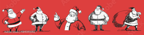 Hand drawn Father Christmas illustrations in vintage sketch style for festive decoration and holiday design
