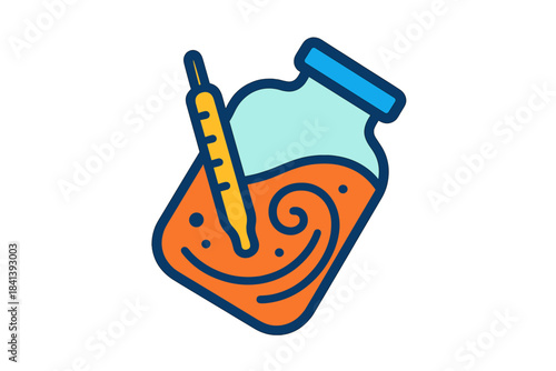 Hydrometer Dance Icon. Flat style icon of a hydrometer in a tilted jar with swirling liquid, bright colors, representing proofing