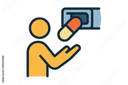 Pneumatic Capsule Delivery. Flat style icon of a citizen receiving a capsule from a pneumatic tube slot, bright colors, minimalist