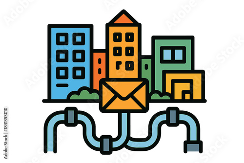 Pneumatic Cityscape Icon. Flat style icon of a cityscape with visible pneumatic tube network, bright colors, representing