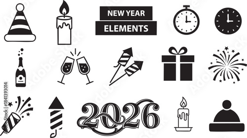 New year elements set including party hat candle bottle of champagne wine glasses firecrackers gift and 2026