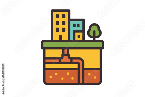 Layered City Infrastructure Icon. Flat style icon of layered city blocks showing underground infrastructure, bright colors,