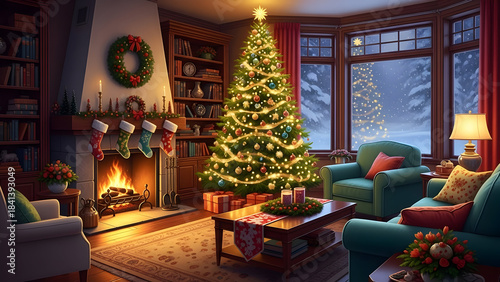 Warm and cozy living room with a beautifully decorated christmas tree and fireplace