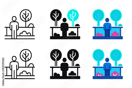 Futuristic Cyber-Forest View. Futuristic observation deck overlooking glowing cyber-trees and neon shrubs, minimalistic vector
