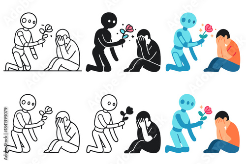 Compassionate Robotic Gesture. Robot with soft glowing aura offering digital flowers to a grieving human, gentle minimal vector