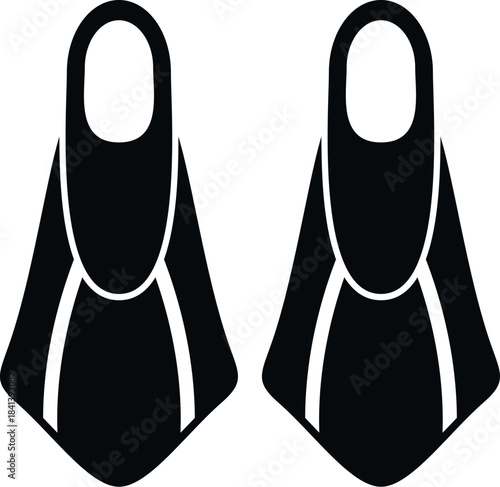 Pair of flippers for underwater activities and water sports, black vector icon