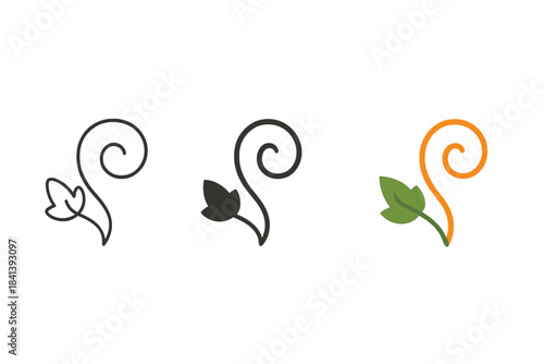 Spiraling Pumpkin Tendril. Single pumpkin tendril spiraling gracefully with small leaf detail, simple minimal icon, first in line