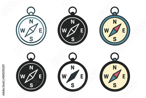 Stylized Compass Designs. Basic hand-held compass with circular frame and directional markers, simple minimal vector design, first