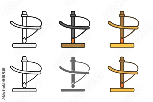 Friction Fire Drill Icons. Traditional friction fire drill setup with bow and glowing ember, abstract minimalist vector icon,