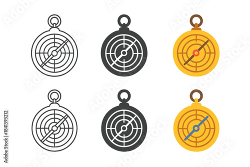Astrolabe Design Variations. Astrolabe with engraved circles and pointer, abstract minimal vector design, first in line style with
