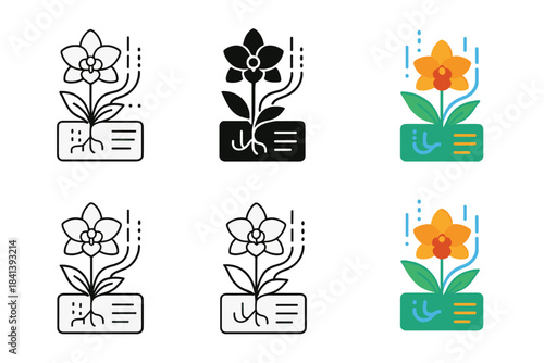 Futuristic Orchid Interface. Parasitic orchid growing on digital plant interface with glowing data strands, clean geometric