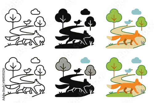Whimsical Wildlife Pathways. Connected city park pathway with foxes, birds, and rabbits safely traversing, simple minimalist