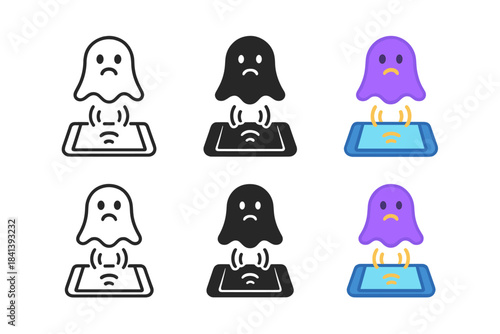 Digital Ghost Icon. Digital ghost hovering over tablet with glowing detection signals, clean minimal vector icon, first in line