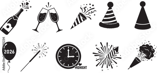 New year holiday celebration icons collection including champagne, balloons, sparklers, and party hats