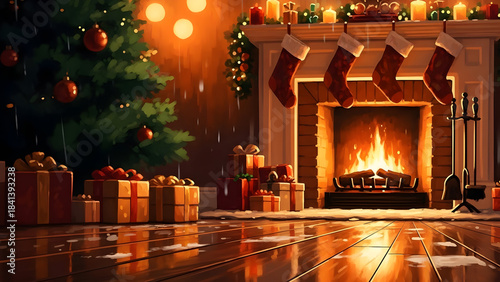 Warm and cozy christmas scene with a decorated fireplace and glowing tree