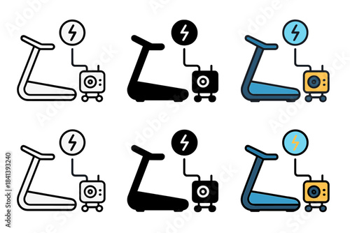 Power-Generating Treadmill Icon. Treadmill connected to small generator producing power, clean geometric minimal icon, first in