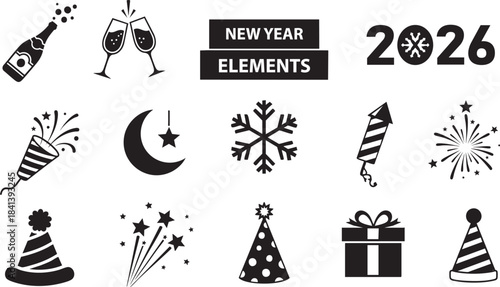 New year elements set including champagne wine glasses popper moon snowflake firecracker party hats and gift