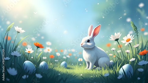 A charming white rabbit sits amongst colorful wildflowers in a dreamy garden scene
