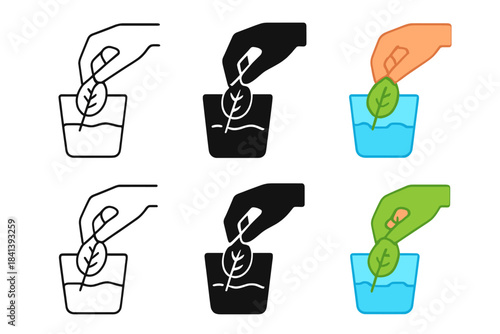 Leaf Edibility Test Icon. Hand placing unknown leaf in water for color-change edibility test, minimal vector icon, first in line