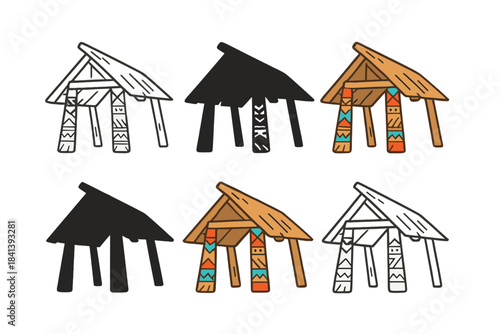 Tribal Wood Shelter Design. Tribal scrap wood shelter with decorative patchwork beams, minimal vector design, first in line style