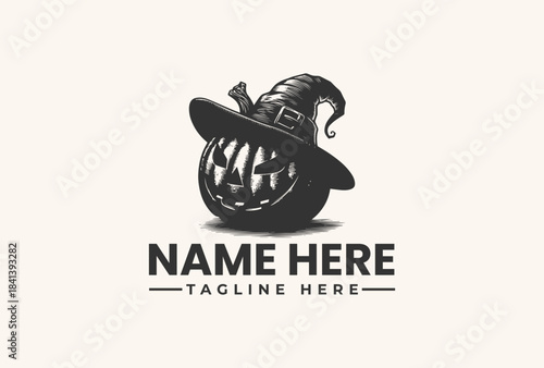 A black vector illustration of a jack-o-lantern wearing a witch's hat with placeholder text for a name and tagline on a beige background.