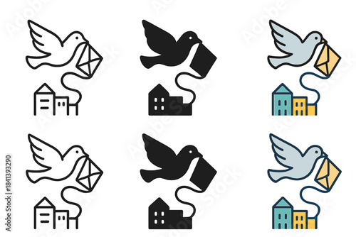 Pigeon Messaging Icon. Flying pigeon with letter trails connecting city rooftops, simple minimal vector icon, first in line style