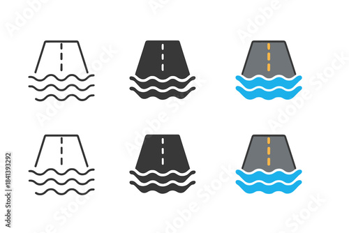 Road Over Water. Part of road barely above water with gentle waves, simple minimal vector icon, first in line style with thin
