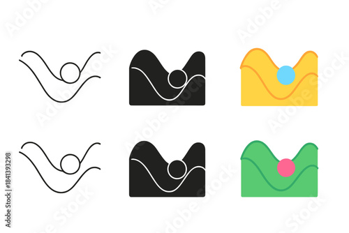Gene Expression Landscape. Wavy terrain with ball-like markers rolling down valleys representing gene expression, abstract minimal
