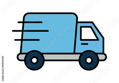 Camión de reparto azul en movimiento en fondo blanco