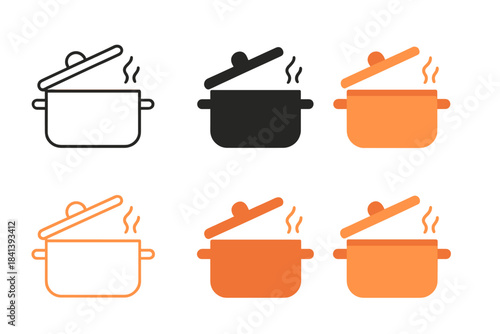 Copper Pot Variations. Side view of copper pot with lid slightly ajar and simmering contents, abstract minimal vector design,